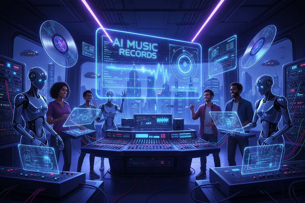 create a futuristic image of AI MUSIC RECORDS with glowing computers, robots and humans smiling.