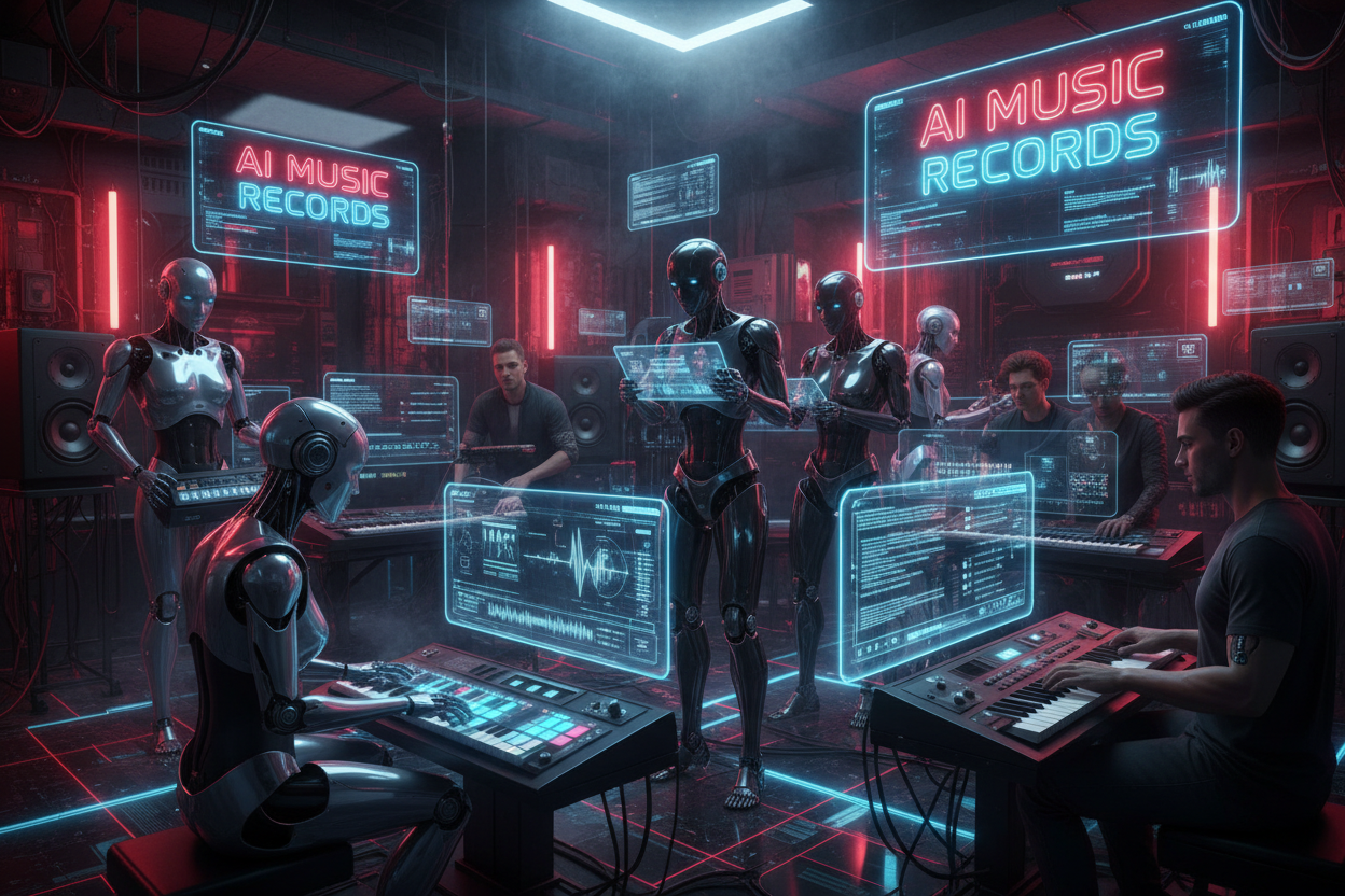 show computers that write music also. use red and black colors with blue accents